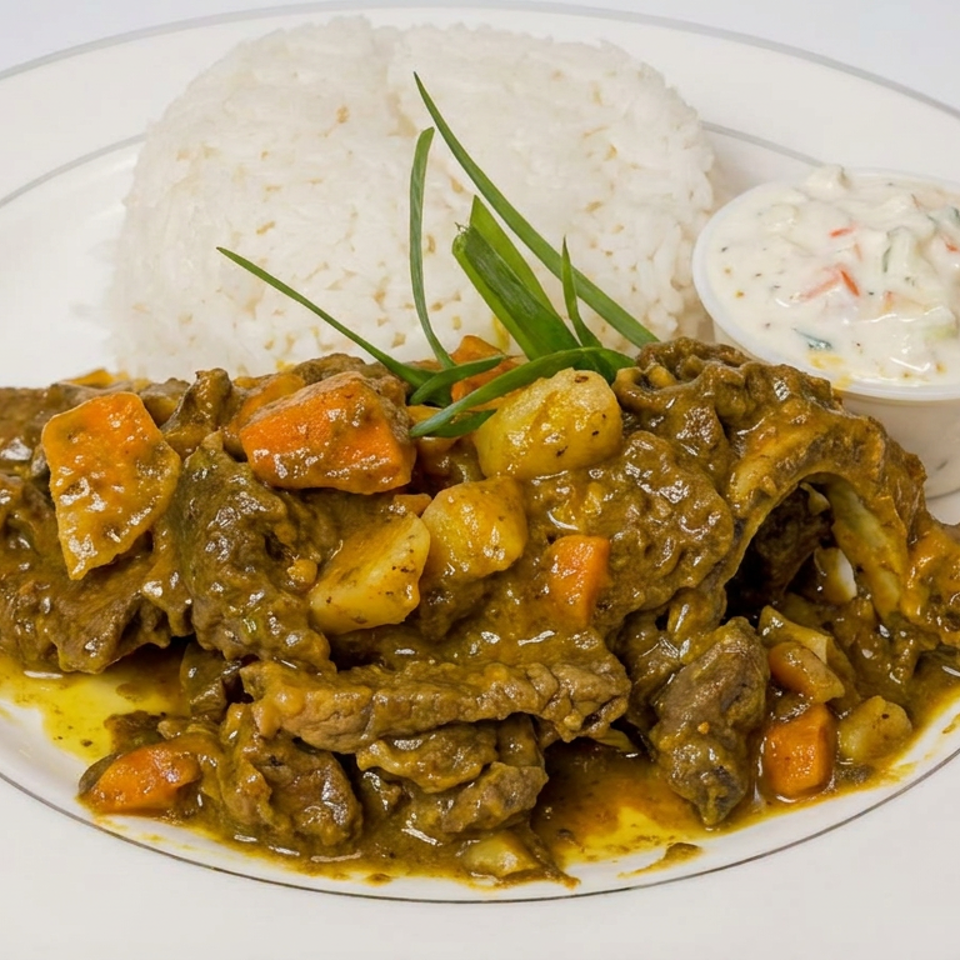 Plate of braised beef and vegetables in brown sauce with white rice and creamy coleslaw.