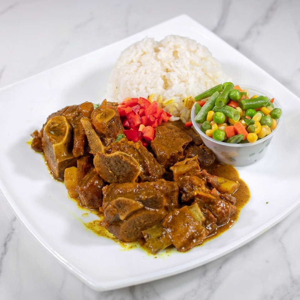 Braised oxtail in brown gravy served with white rice, diced red peppers, and mixed vegetables on a square plate.